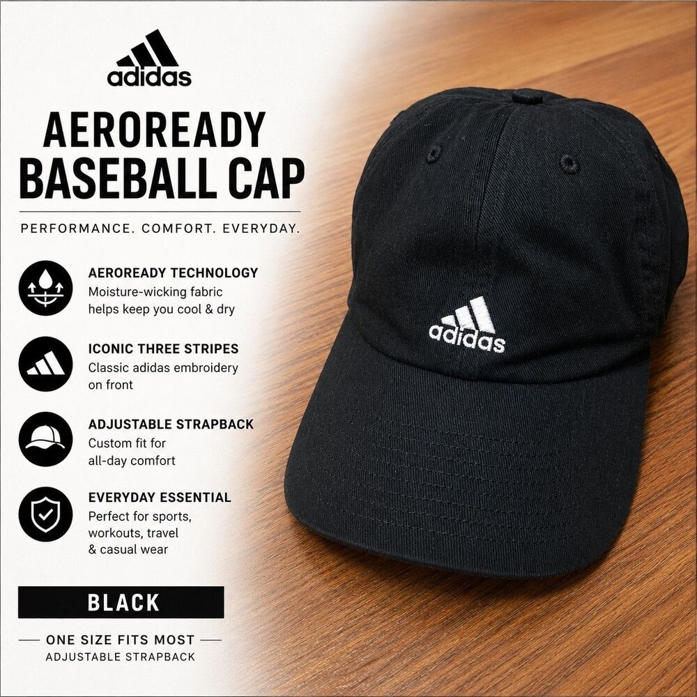 Adidas AEROREADY Black Baseball Cap Hat Three Stripes Adjustable Strapback